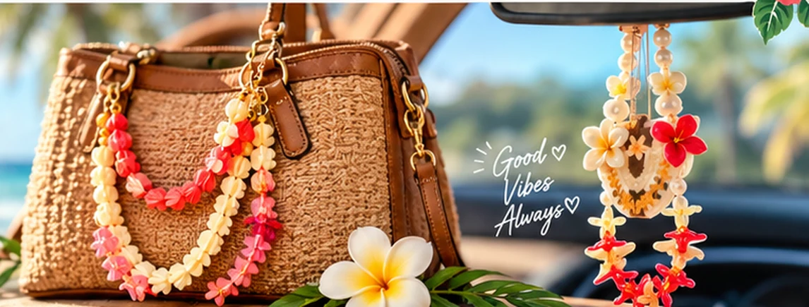Island-inspired floral handbag accessories and hanging car charm against a tropical backdrop